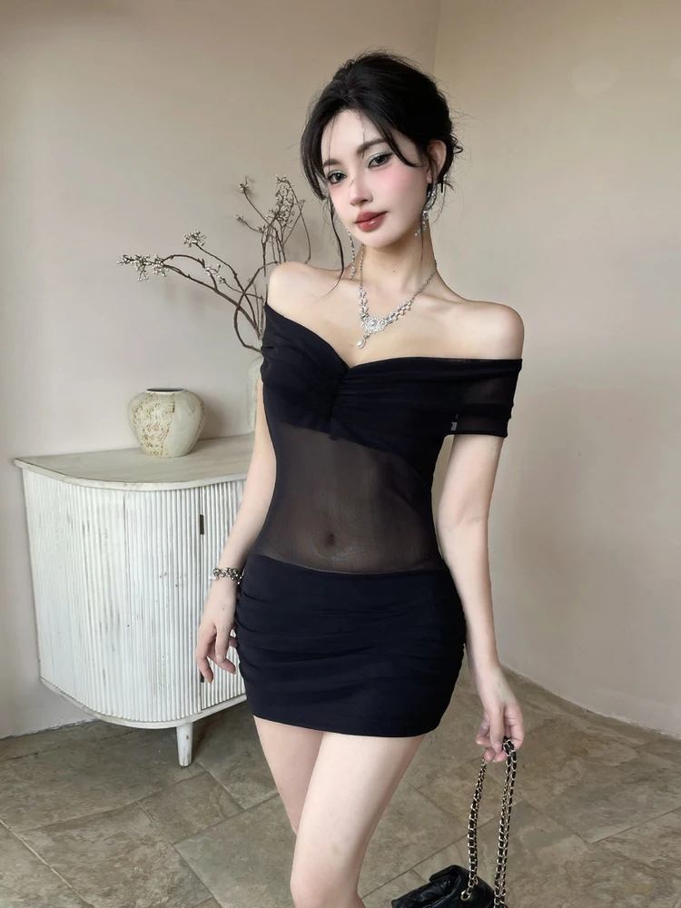 Sexy White See-through Mesh Wrap Chest Belly Button Exposure Sleeveless Slimming Dress Women's Summer Casual H-type Dress