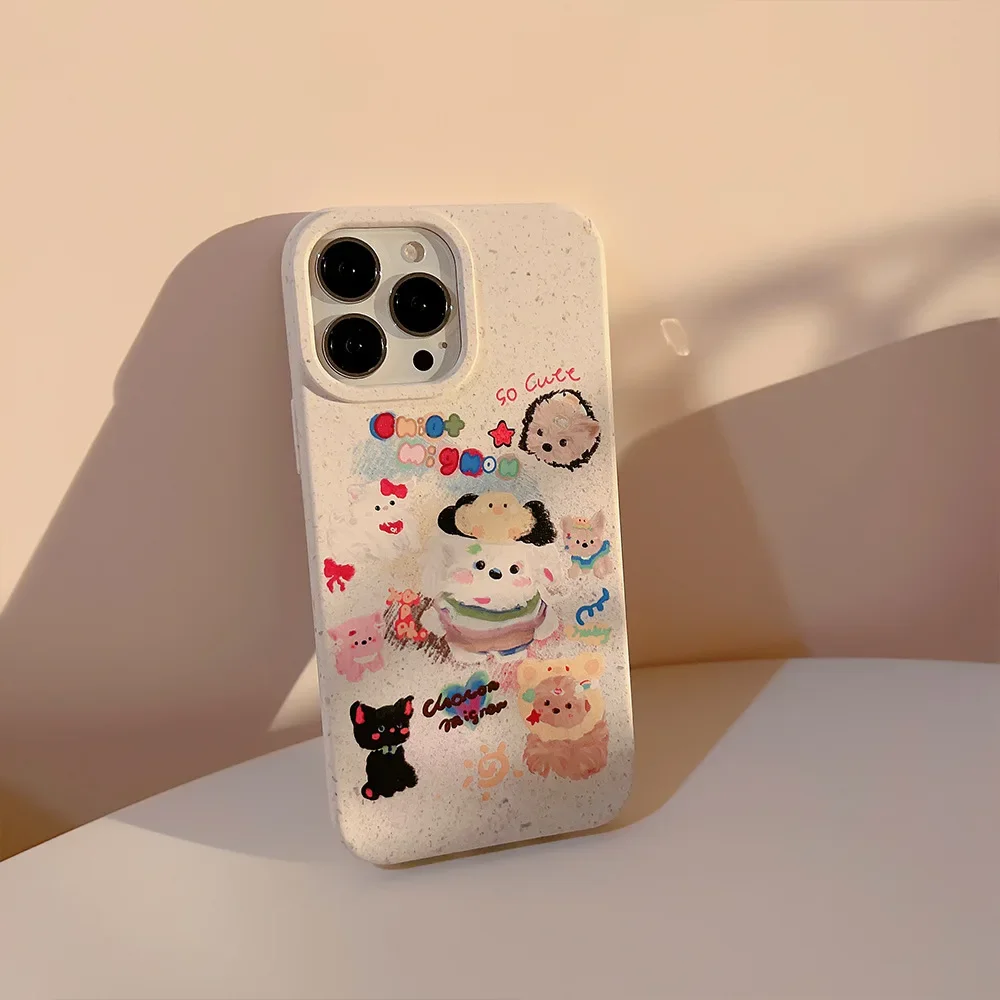 Cartoon Animal Party Doodle Cute Cat Dog Puppy Soft Cover Case For iPhone 15 14 13 12 Pro Max Mini 7 8 Plus X XR Degradable Case