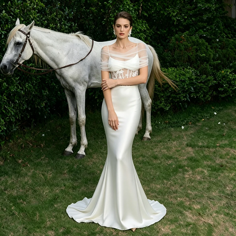 Mermaid Embroidered Elegant Satin Bridal Gowns Customized Plus Size Spaghetti Straps Sheer Lace Tulle Bolero Ivory Wedding Dress