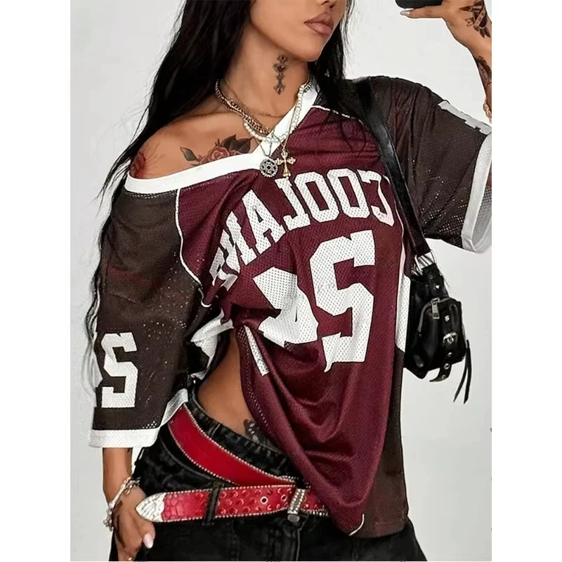 Summer New Retro 3D Printed Women T-shirt V-neck Short Sleeved Sports Football Suit Y2K Loose Fashion Quick Drying Y2k Tops Tee
