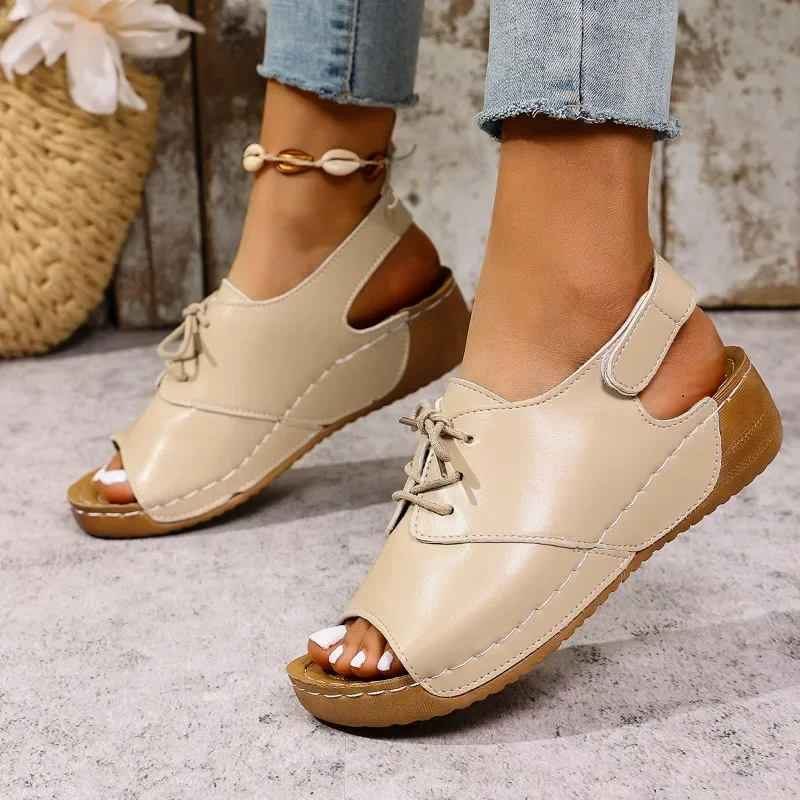 Zapatos de mujer 2025, gran oferta, sandalias de mujer con cordones delanteros, sandalias de moda con punta abierta, informales de verano de talla grande, nuevas y cómodas sandalias de cuña