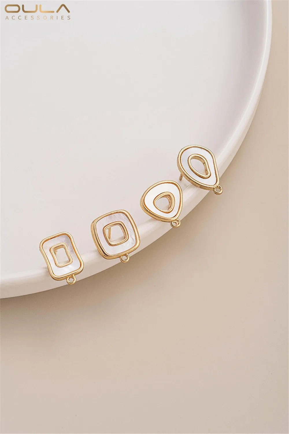 مجموعة أقراط DIY مع قلادة، 925 إبر فضية، أم اللؤلؤ، مطلية بالذهب، مجوفة، أشكال هندسية، طبيعية، 14 قيراط