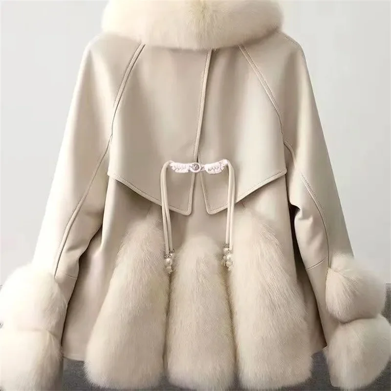 Black Fur Jacket For women 2024 Winter New Korean version PU leather Imitation Fox fur Short Coat Fashion Thicken Parka Overcoat