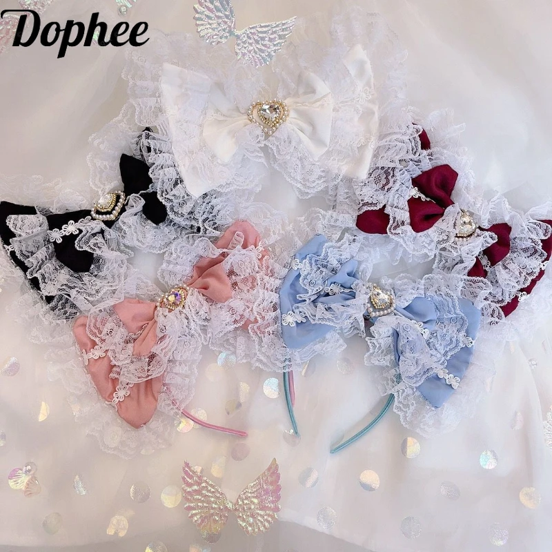 Dophee Original Girl Princess Ice Cream Bow Love Diamond Headband Headwear Cute Embroidery Lace Pearl Women Hair Accessories