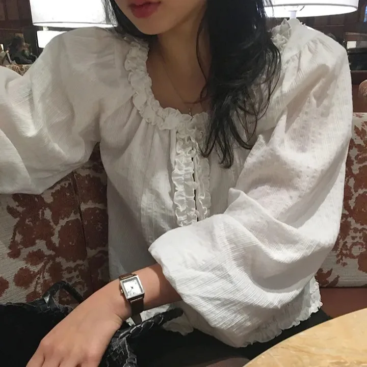 여성용 스위트 버블 슬리브 오프숄더 나무 장식 투웨이 착용 루즈핏 롱 슬리브 비즈니스 캐주얼...