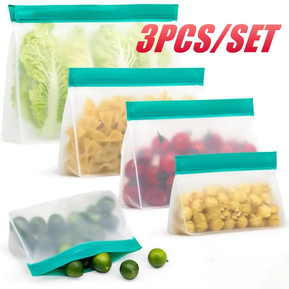 

3PCS/SET PEVA Food Storage Bag Upgrade Leakproof Top Stand Up Reusable Freezer Sandwich Ziplock Silicone Bag Food Preservation