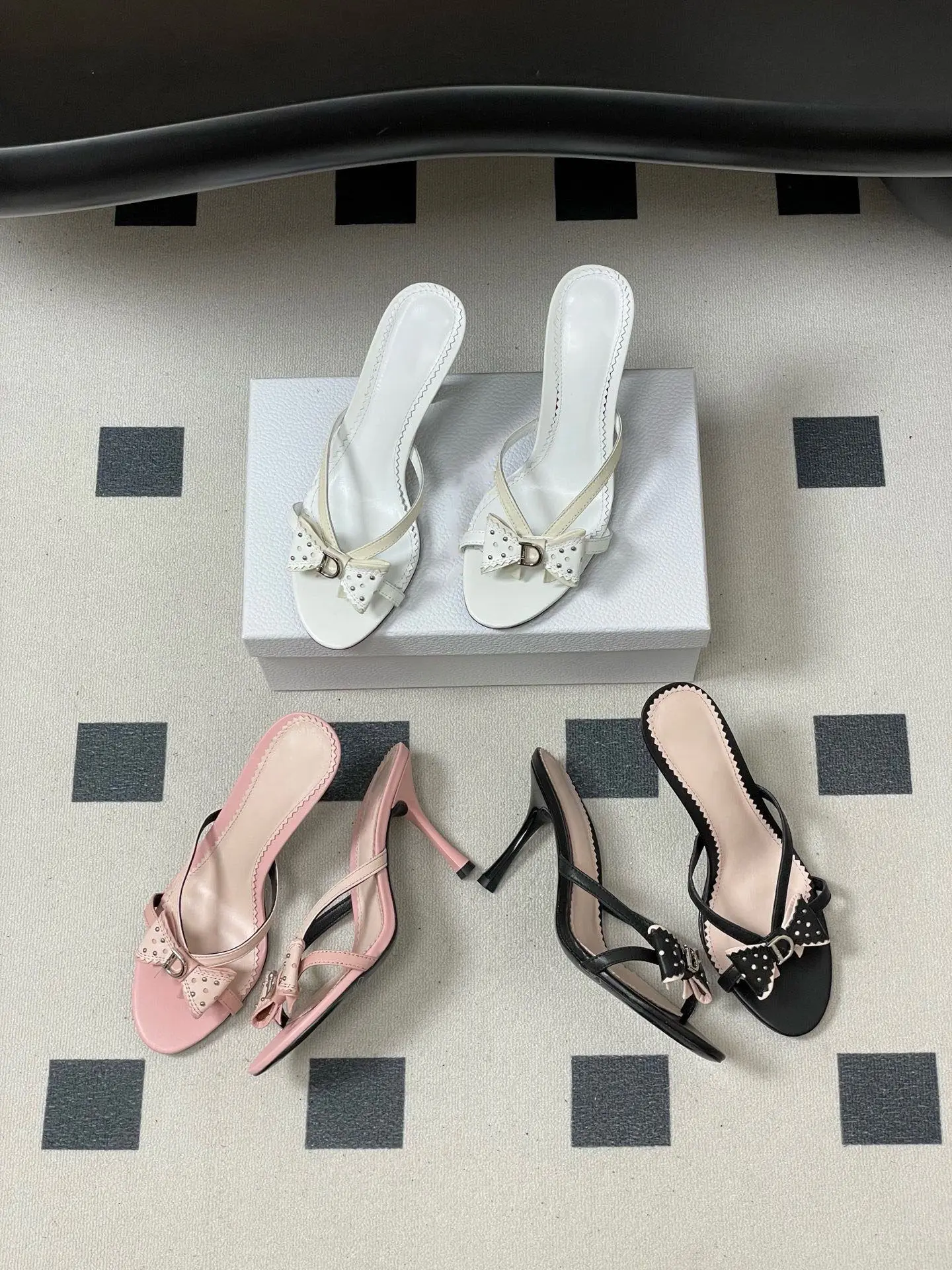 2026 New Sweet Pink Bow Rivet High Heels Women Elegant Thin Strap Stiletto Slippers Fashion Open Toe Slide Sandals Ladies Shoes