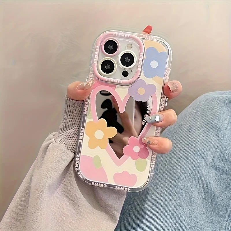 Koreanische Farben Niedliche Blumen-Spiegel-Handyhülle für iPhone 11 13 12 14 15 16 17 Pro Max XS XR 7 8 Plus Liebliche Harte Stoßfeste Hülle – Detail 2