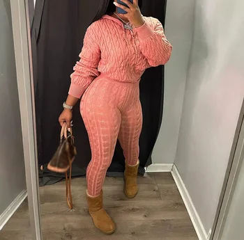 Conjuntos de 2 piezas para mujer, moda de manga larga, suéter tejido con capucha y pantalones, traje de calle, informal, otoño e invierno, 2024