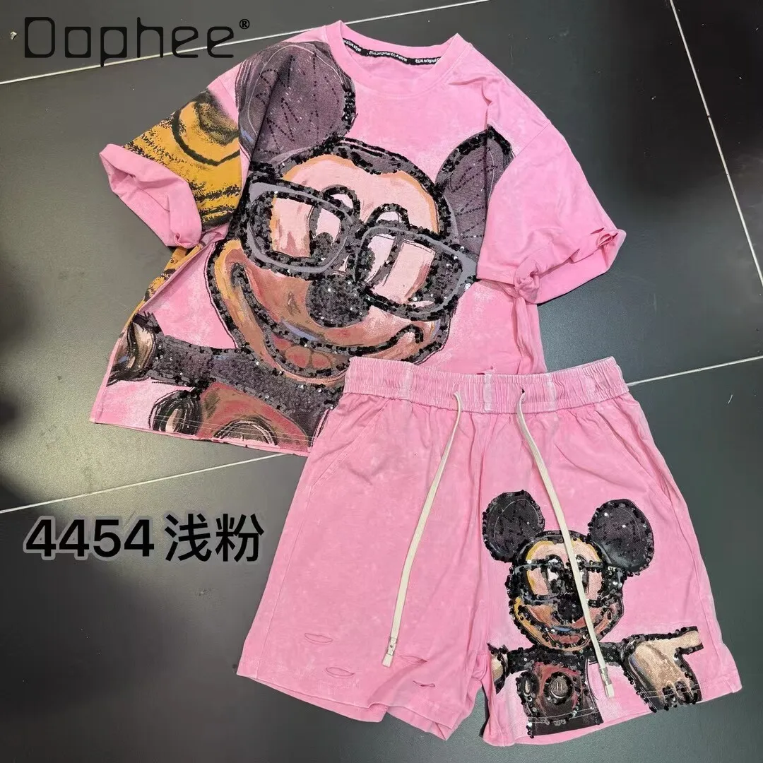 

European Summer New Heavy Industry Bead Printing Short-sleeved T-shirt Women's Shorts Set Loose Age-reducing Cartoon Top