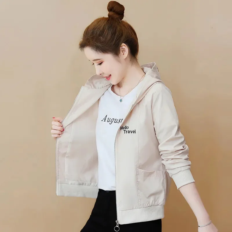 2024 New Autumn Women\'s Short Jacket Long Sleeve Causal Hooded Windbreaker Famale Basic Coat Zipper Lightweight Jacket Outwear