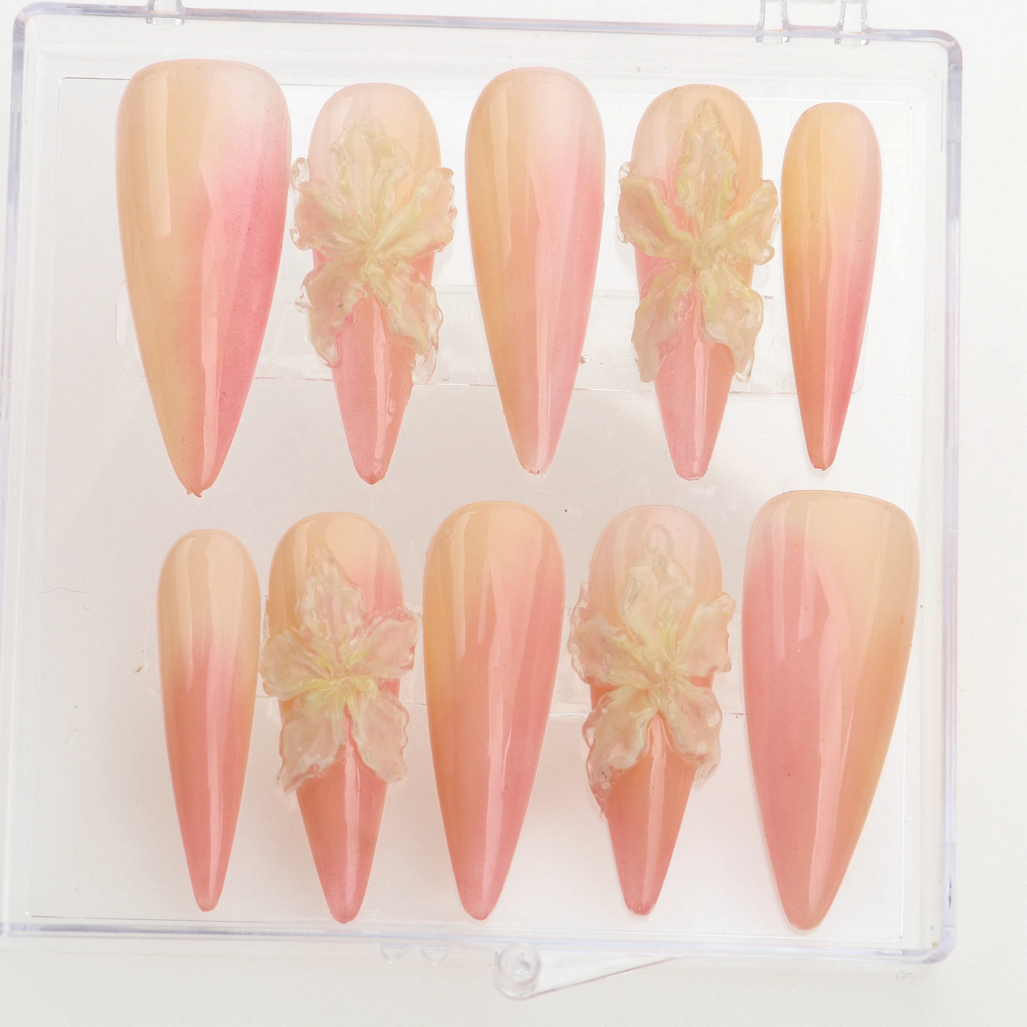 10Pcs Custom Handmade Long Stiletto Flower Press On Nail FreeStyle Set False Floral Acrylic Fake Vacation Prom y2k Holiday Nails