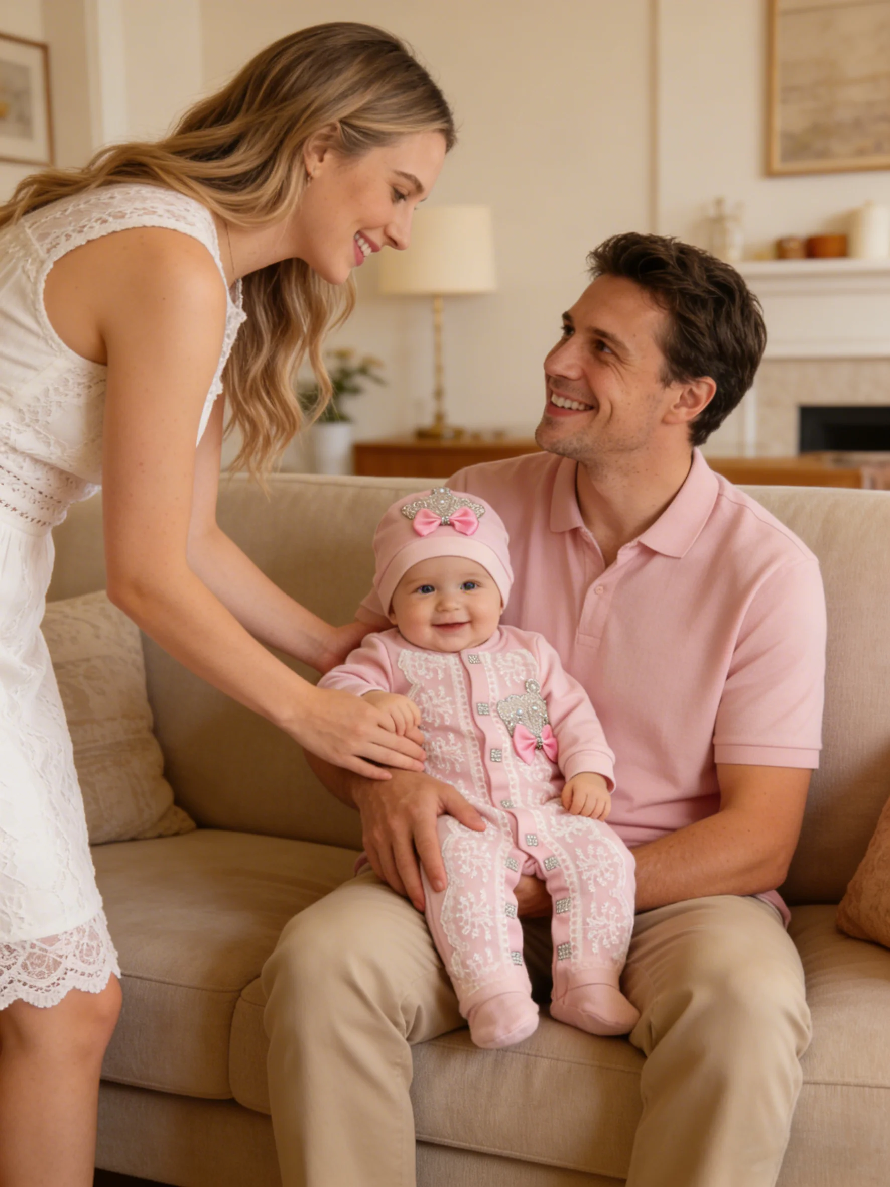European Style Pink Baby 3-Piece Set, Rhinestone Crown Footed Romper Soft Baby Clothes
