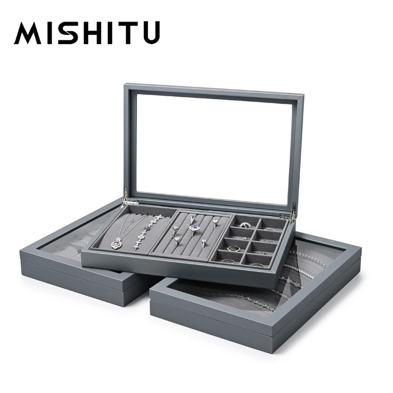 

MISHITU PU Leather Jewelry Display Box Stackable Exquisite Jewelry Storage Tray Rings Earrings Necklace Organizer Box With Cover