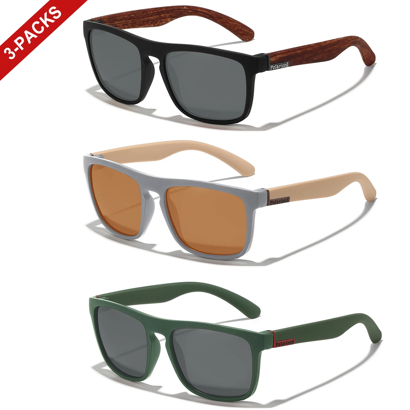 3er-Pack polarisierte UV400-Sonnenbrillen für Damen und Herren, zum Fahren, Radfahren, Laufen, Vintage-Brillen mit quadratischem Rahmen, ohne Etui