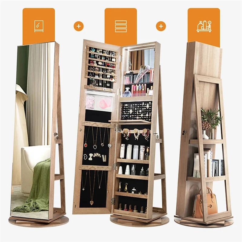 Full-length Mirror 360° Rotating Floor Makeup Mirror Cabinet Bedroom Jewelry Cabinet with Mirror Fitting Room Dressing Mirrors