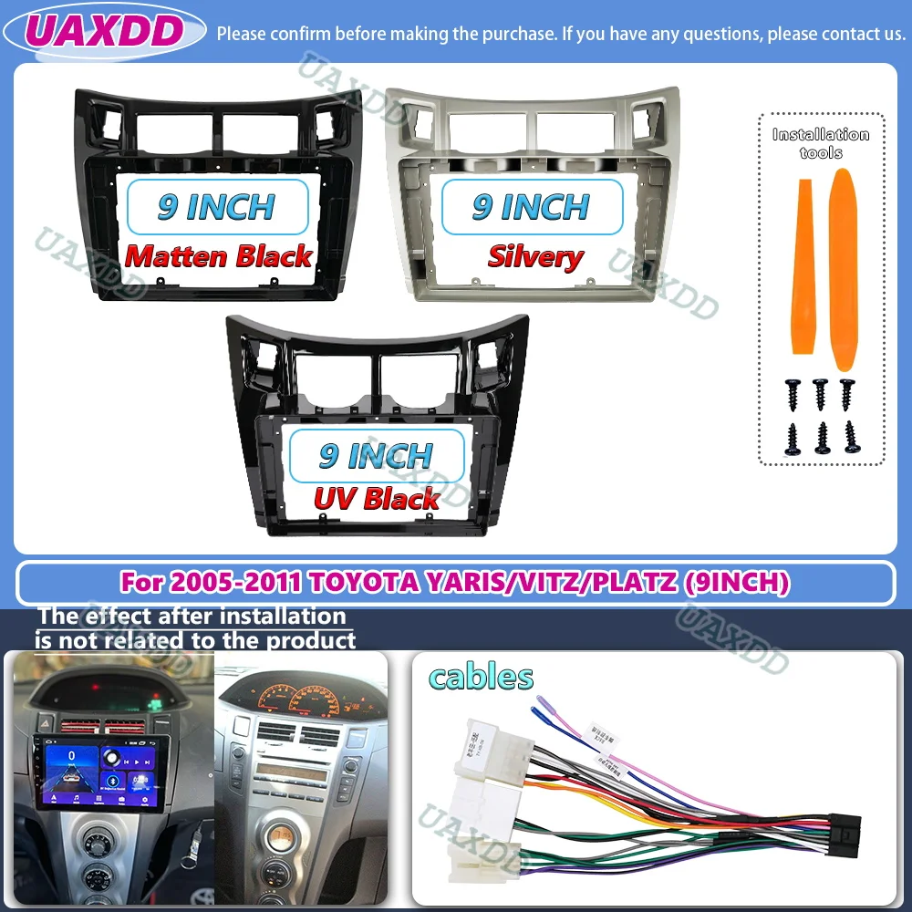 2 Din For 2005-2011 Toyota Yaris Vitz Platz 9INCH Need to Cut the Car Android Frame Kit Panel Fascia Cable Video Harness Adapter