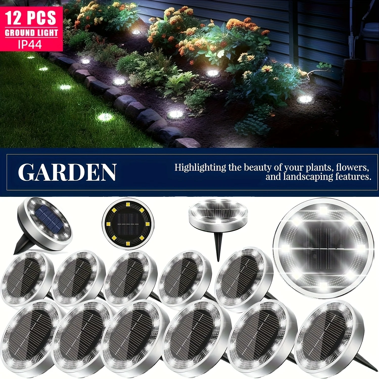 12Pcs New Outdoor Ground Lights, 8 Led White Light Bulbs, Suitable for Yards, Swimming Pools, Villas, Gardens, Lawns, Upgraded Version of Outdoor Garden Bright Underground Lighting, Pathway, Courtyard, Deck, Lawn, Terrace, and Landscape Lighting