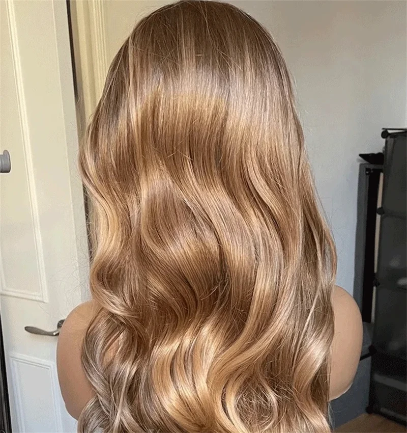 Hochdichte Ombre-Honigblond mit braunen Streifen, synthetische Lace-Front-Perücke, natürlich aussehende Mittelteil-Haaransatz-Front-Spitzenperücke