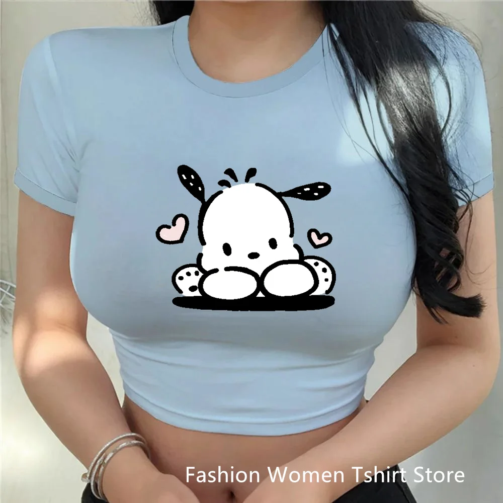 pochacco print Crop Tee Y2K womens Sexy Slim Short SleeveRound Neck Crop Top Cool Street Fashion girls Clothing