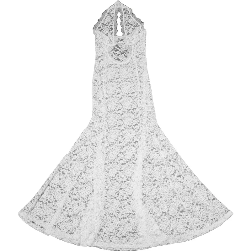 Vrouwen pure mesh mouwloze maxi-jurk coquette uitgesneden halter bodycon lange jurk dames feest strand backless jurk cover-up