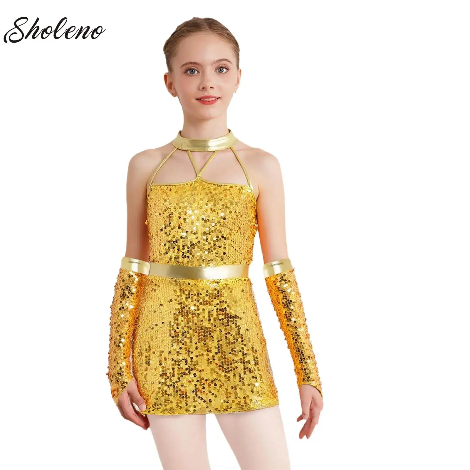 

Kids Girls Ballet Jazz Jersey Dance Leotard Tutu Dress Latin Gymnastics Stage Performance Dancewear Shiny Sequin Dress+Gloves