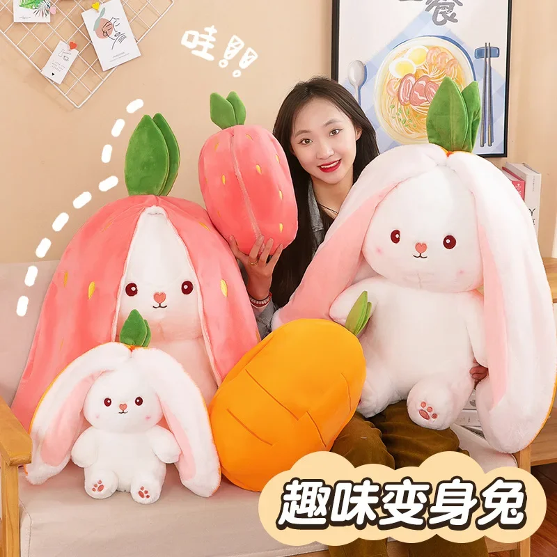 25CM Cute Transform Strawberry Rabbit Doll Plush Toy Carrot Rabbit Small Fruit Doll Bunny Birthday Gift for Girls Kids Boys