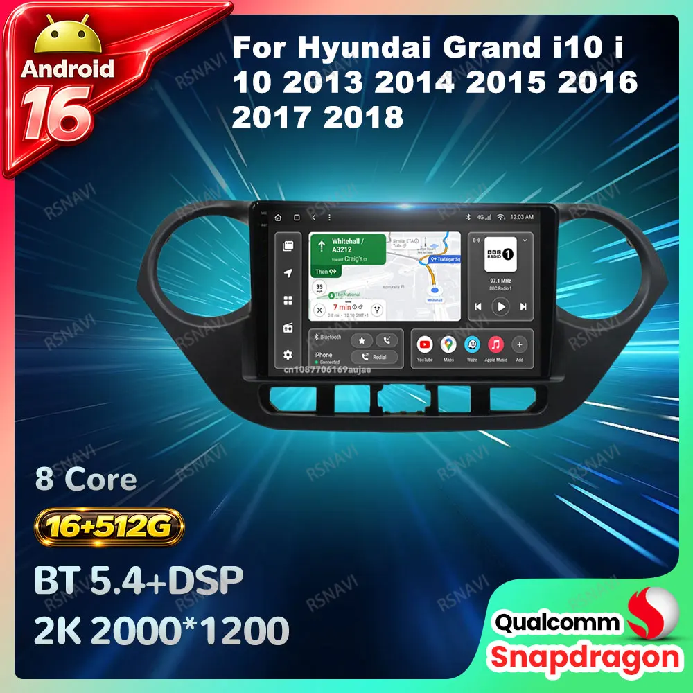 Radio para Auto Android 16 para Hyundai Grand I10 I 10 2013 2014 2015 2016 2017 2018, Carplay Inalámbrico, Unidad Principal para Auto, 4G LTE, 5G WIFI, DVD