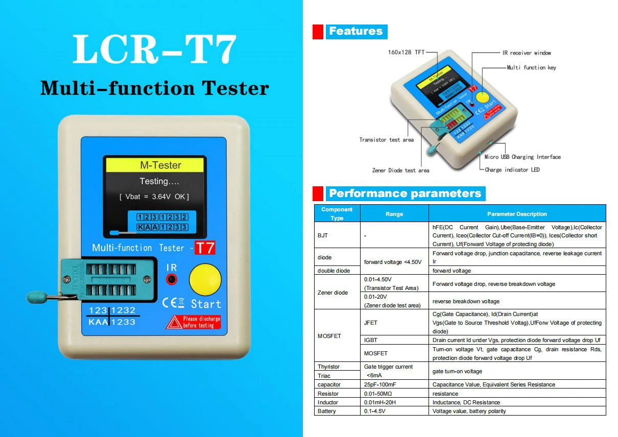 TC-T7-H LCR-TC1 TCR-T7 Colorful Display  Transistor Tester Multimeter Diode Triode MOS/PNP/NPN Capacitor Resistor Transistor