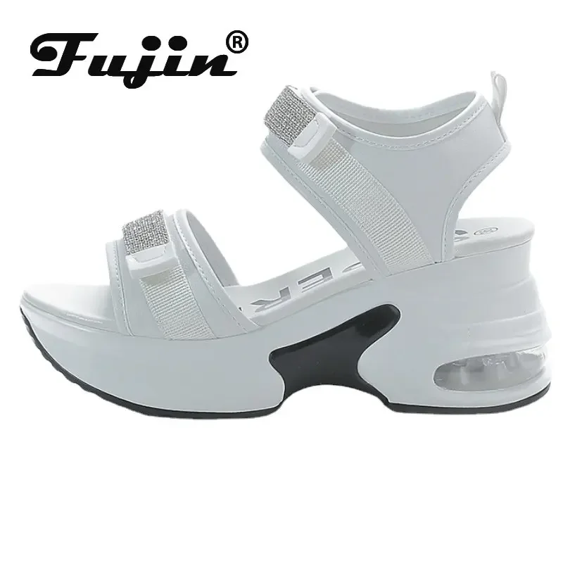 Fujin 8CM nowe sandały z prawdziwej skóry damskie Rhinestone wygodne buty moda Bling kobiety letnie platformy klinowe damskie pantofle z haczykiem