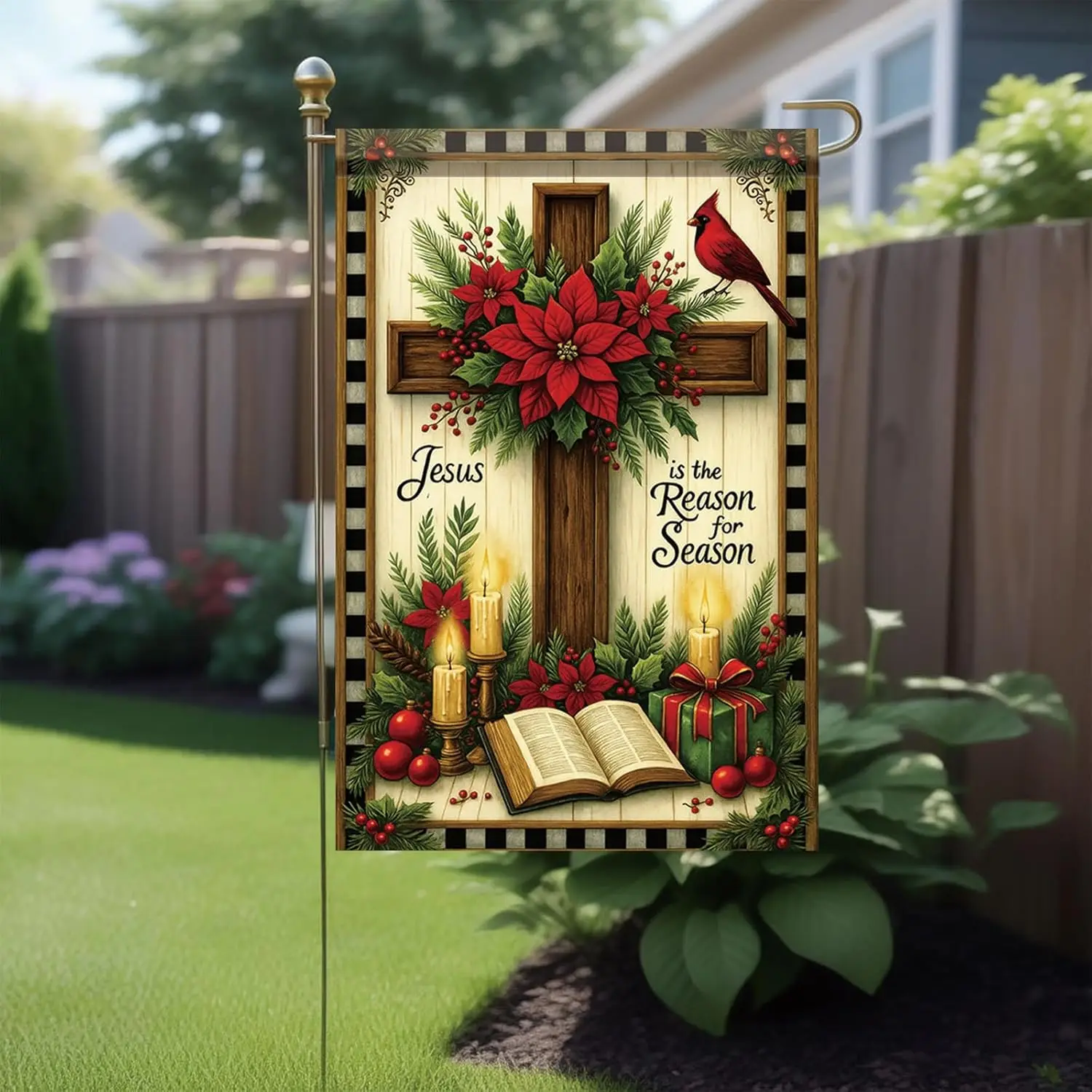 عيد الميلاد حديقة العلم يسوع هو سبب الموسم الصليب الكتاب المقدس البونسيتة 12x18 بوصة مزدوجة الوجهين في الهواء الطلق ساحة راية FFI