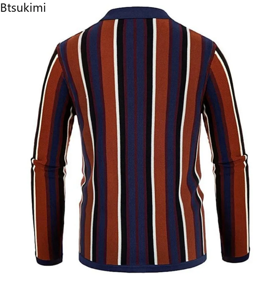 2024 New Men's Long Sleeve Polo Shirts Spring Men Thin Knitted Cardigan Fashion Striped Business Casual Knit Tops Sweaters Male