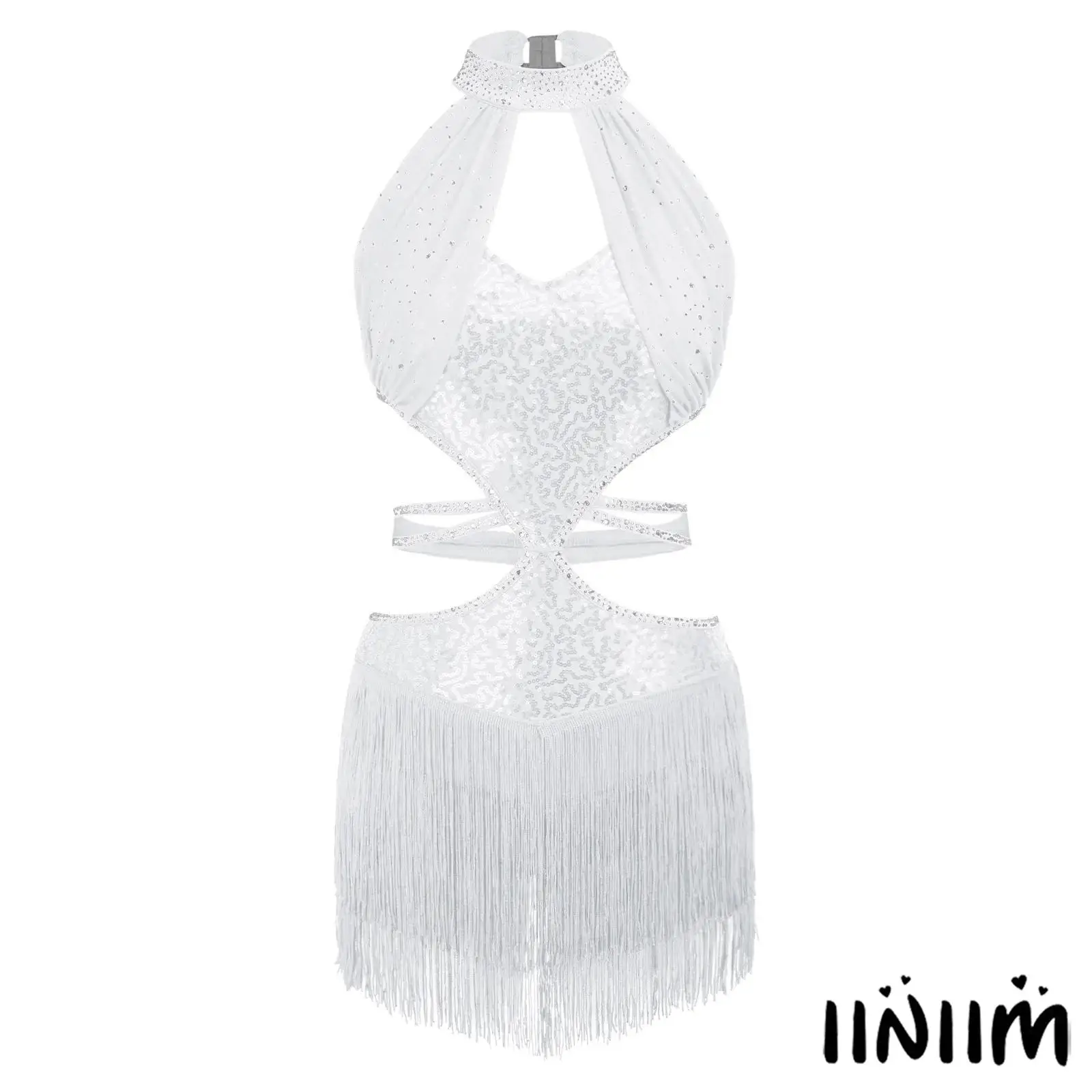 

Sleeveless Tassel Ballet Latin Dance Dress for Women Shiny Keyhole Front Back Cutout Fringe Dresses for Ballroom Dance Shows