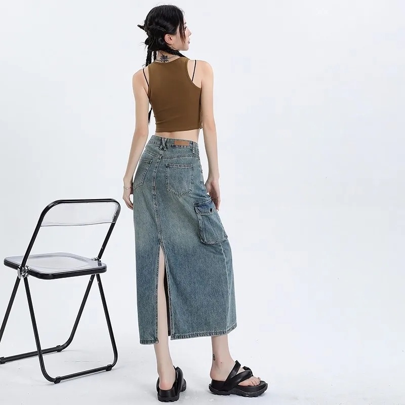 FINEWORDS Summer High Waist Multi-pocket Denim Long Skirt Women Korean Casual A Line Jeans Skirt Streetwear Vintage Midi Skirts