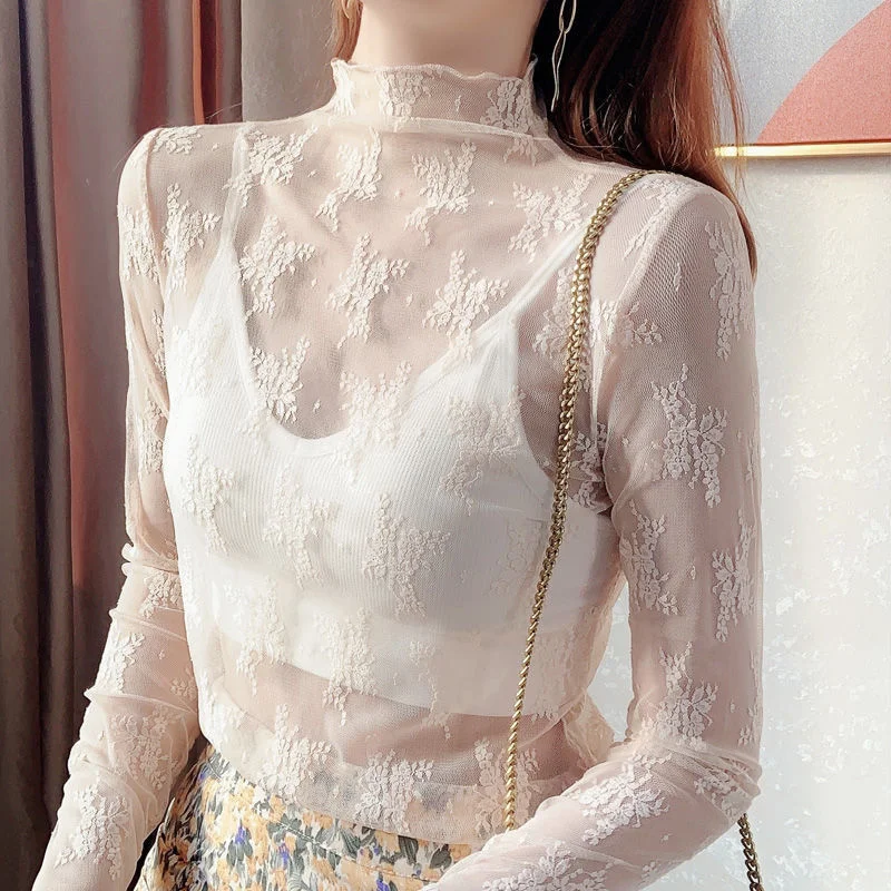 White High Collar Lace Blouse Women Inner Long Sleeve Shirt Autumn New High-grade Foreign Style Hollow Mesh Bottomed Top