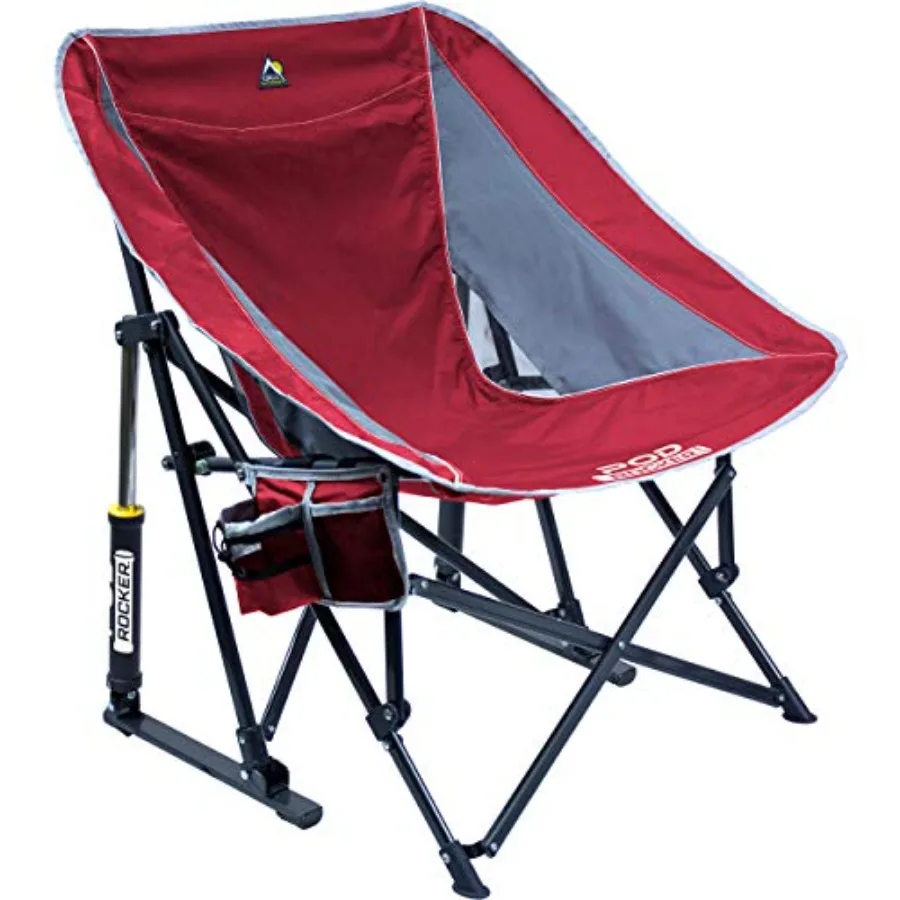 

Outdoor rocking chair for patio use, powder-coated steel frame in charcoal gray, featuring sling fabric seat, integrated bevera