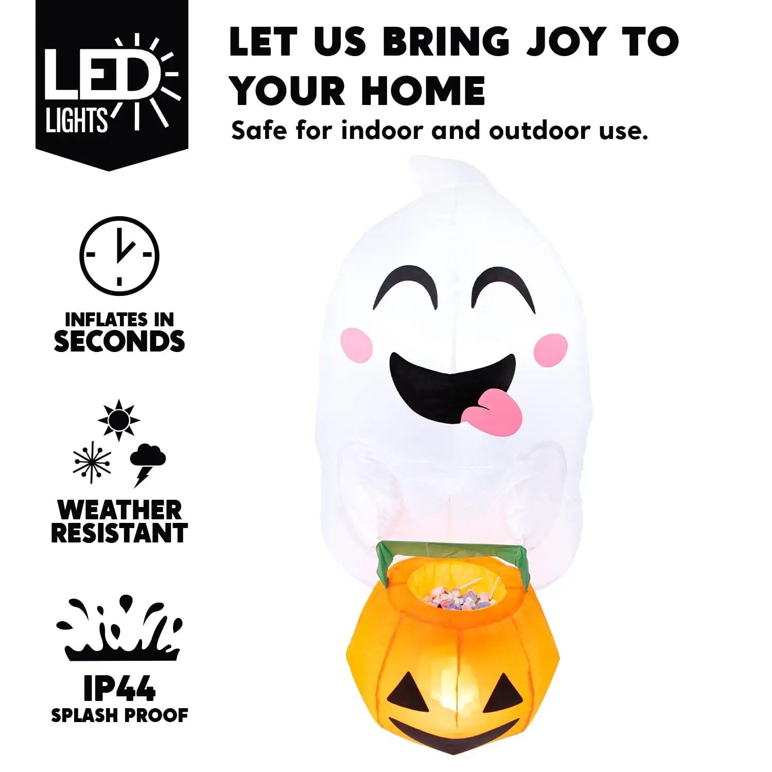 Joyfy 4,5 piedi fantasma volante gonfiabile di Halloween con cesto di caramelle di zucca rotto per la decorazione della finestra
