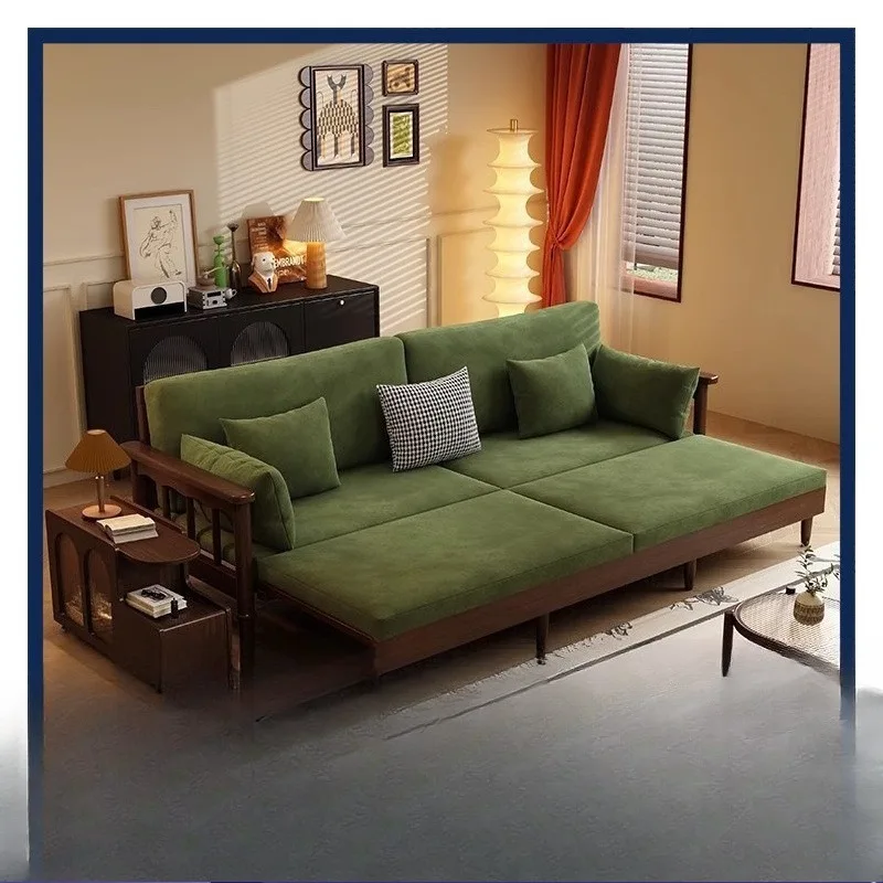 

Folding solid wood sofa bed dual-purpose small apartment living room telescopic bed French retro sliding sofa bed antique