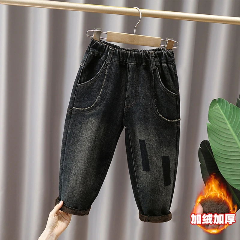 

Boys' Fleece-Lined Pants, Autumn and Winter Fashion Long Pants for Children, Thickened Fleece Baby Boys' Winter Jeans, Trendy