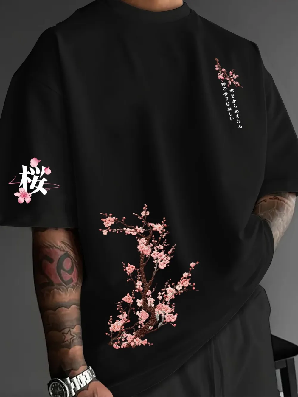 Europäisches und amerikanisches Herren-Sommer-T-Shirt mit Kirschblüten-Print, mikroelastisch, atmungsaktiv, Rundhalsausschnitt, Outdoor-Freizeitoberteil