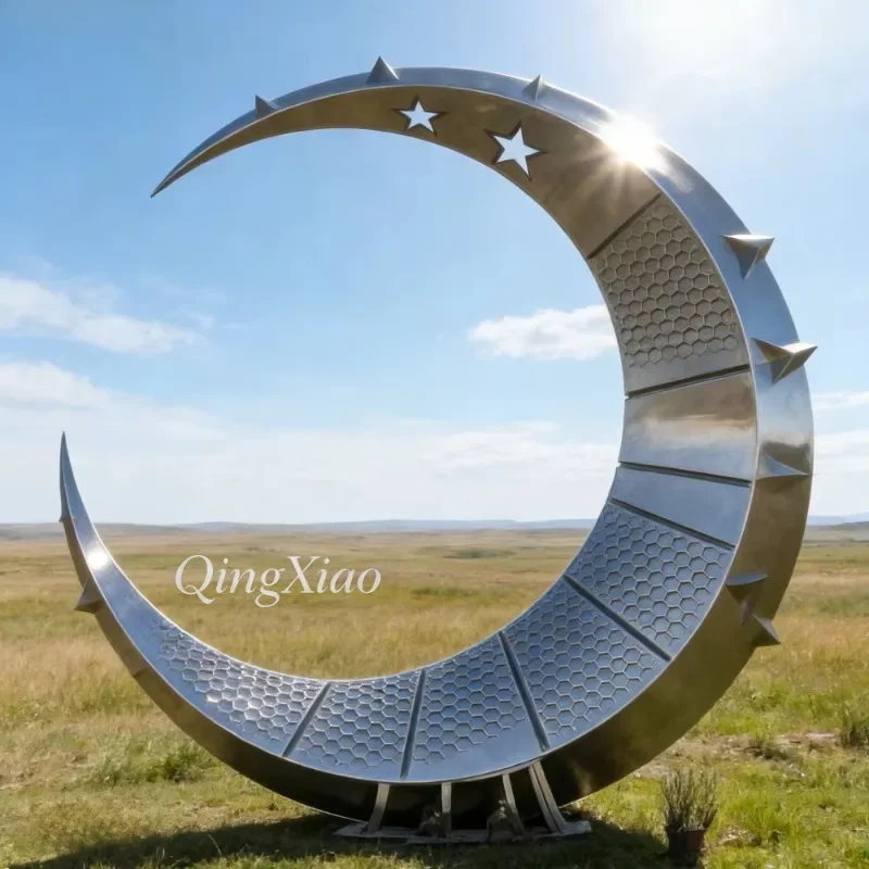 #Custom Abstract Polished Stainless Steel Moon Sculpture Large Landscape Ornament For City Park Square Romantic Delicate