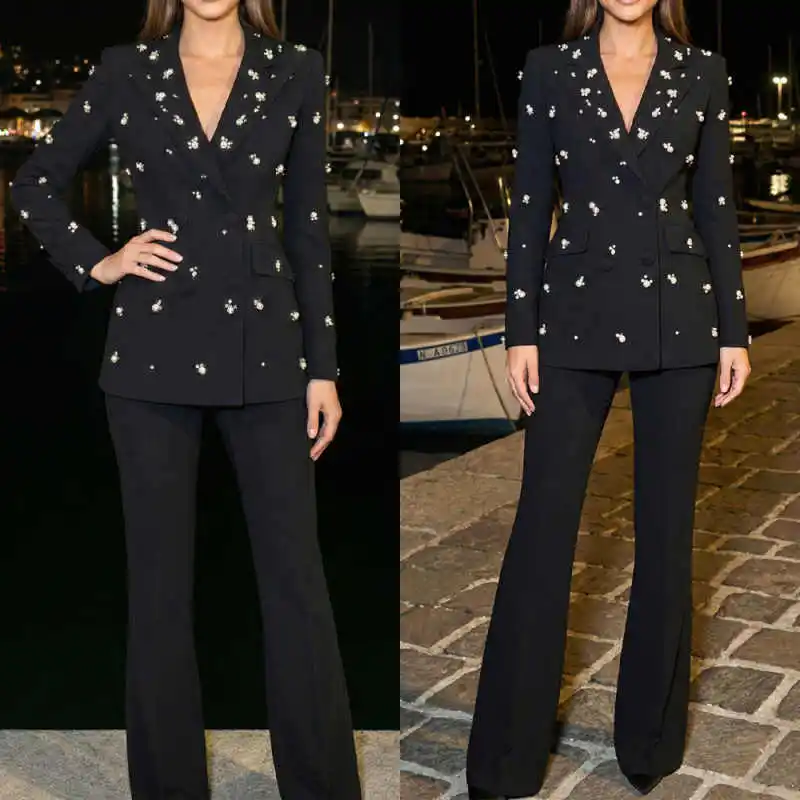 

Gorgeous Mother Of The Bride Suits Long Sleeve Double Breasted Jacket Pants Pearls Business Party 2 Pieces Customized