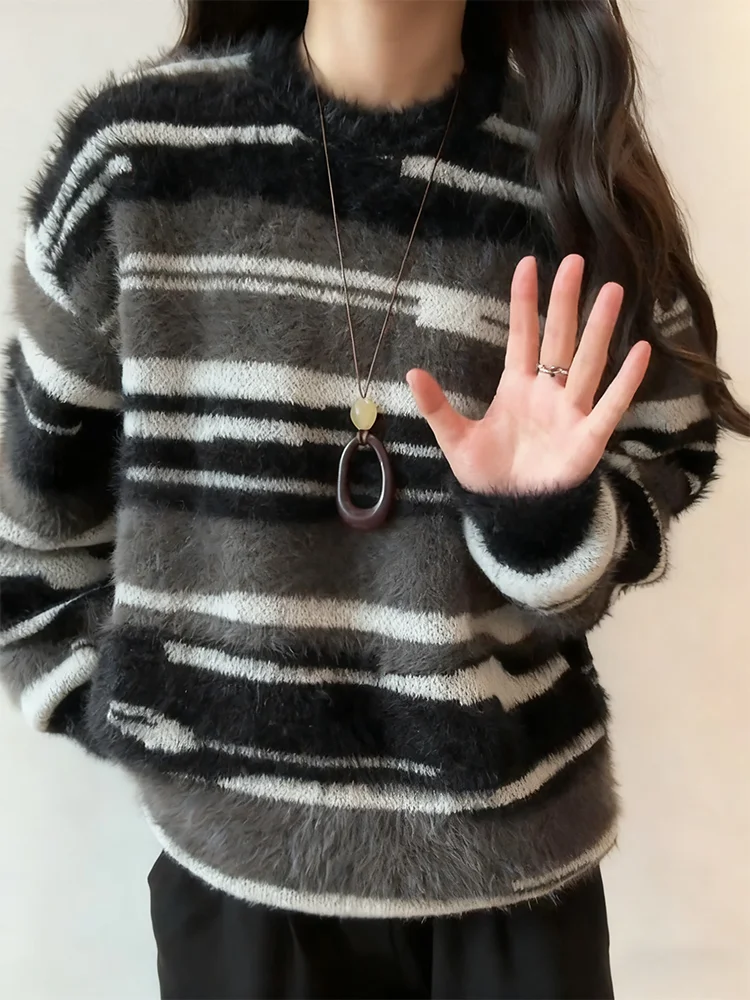 

Мужской осенне-зимний свитер American Color Blo Camere с круглым вырезом, утепленный, свободного кроя, вязаный, в стиле Cleanfit