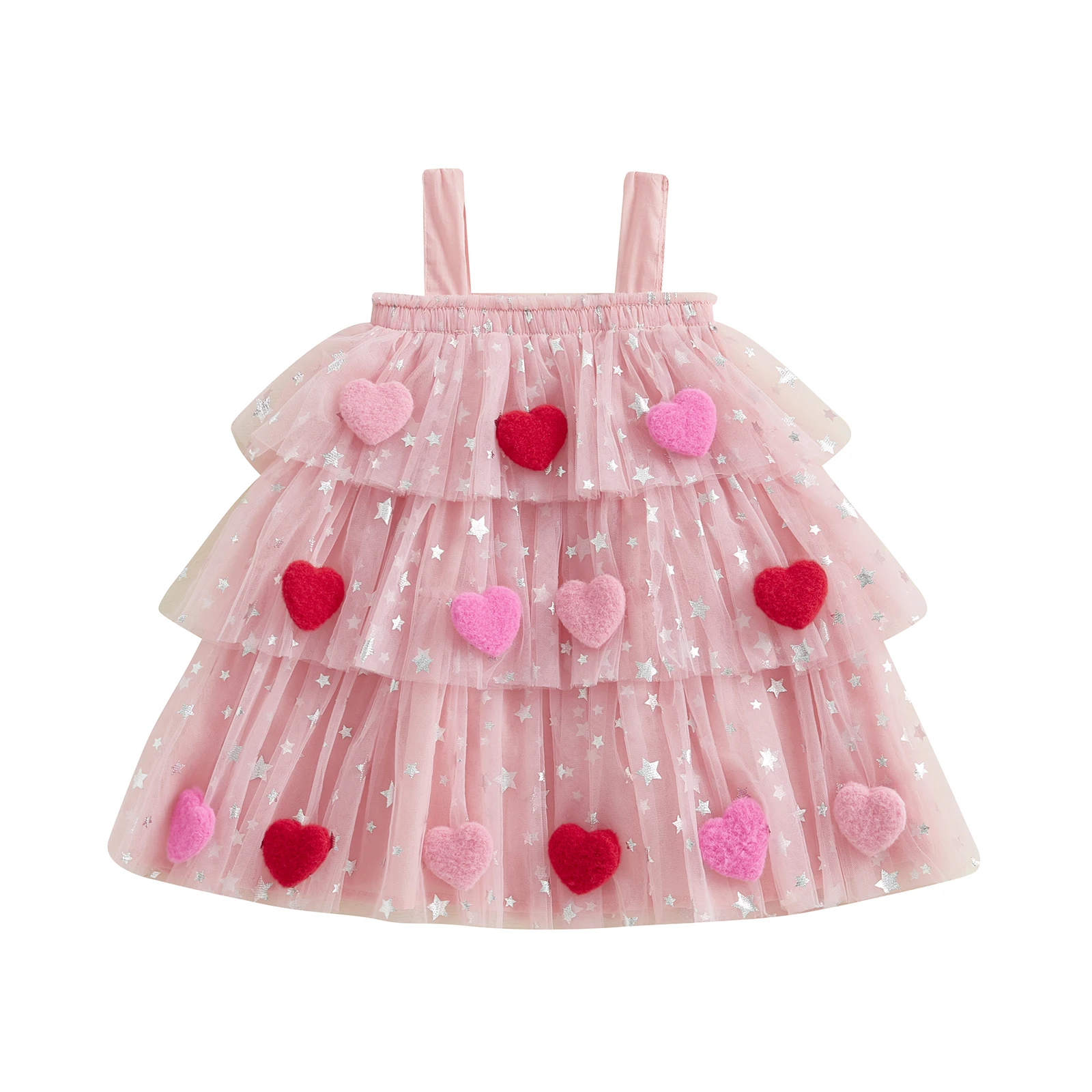 2025 Valentine's Day Toddler Baby Girls Heart 3D Mesh Tulle Dress Sleeveless Square Neck Bow Front Heart A-Line Casual Dresses