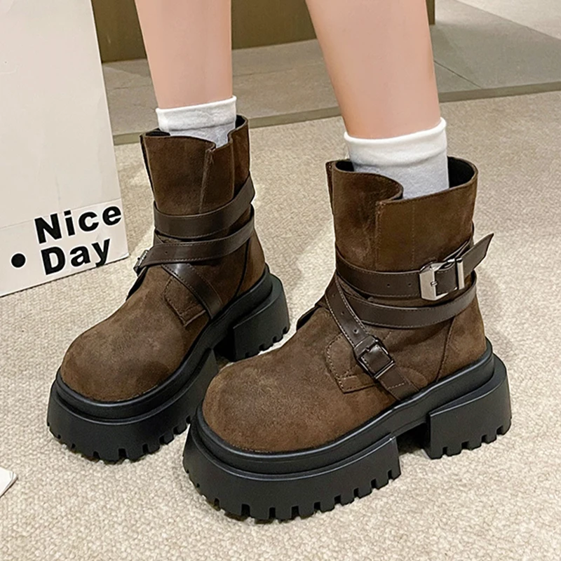 

Platform Women Mid Calf Boots High Heels Chunky Shoes Fashion Punk Gothic Woman Gladiator Botas 2025 Trend Brand Lady Chaussures