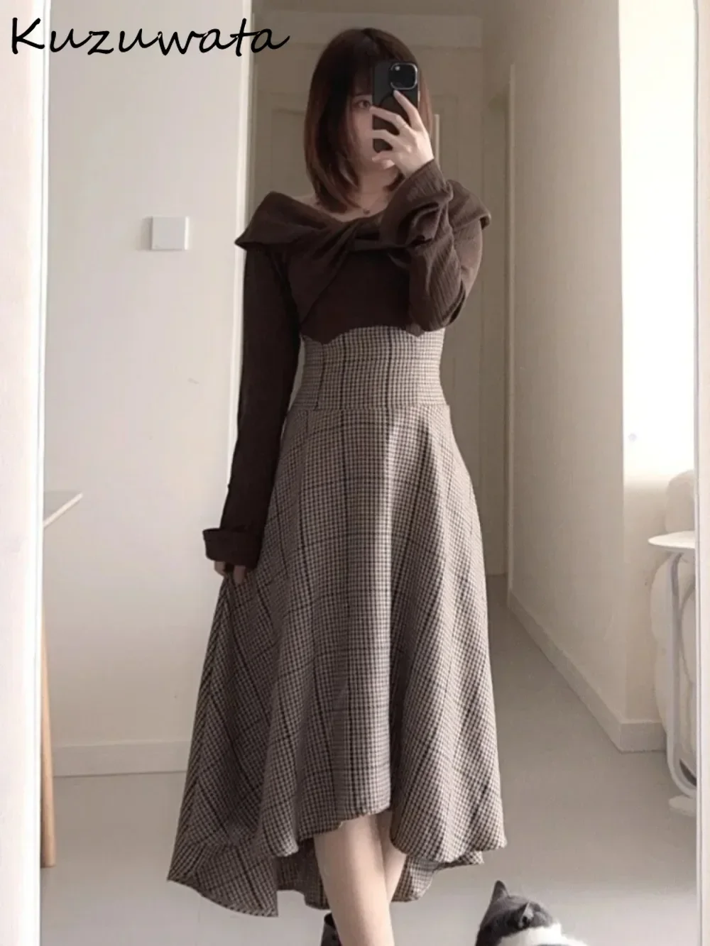 Kuzuwata Vintage Harajuku Slash Neck Flare Sleeve Mujer Knit Tie Patchwork Slim Waist Robe Japan Plaid Irregular Classics Dress