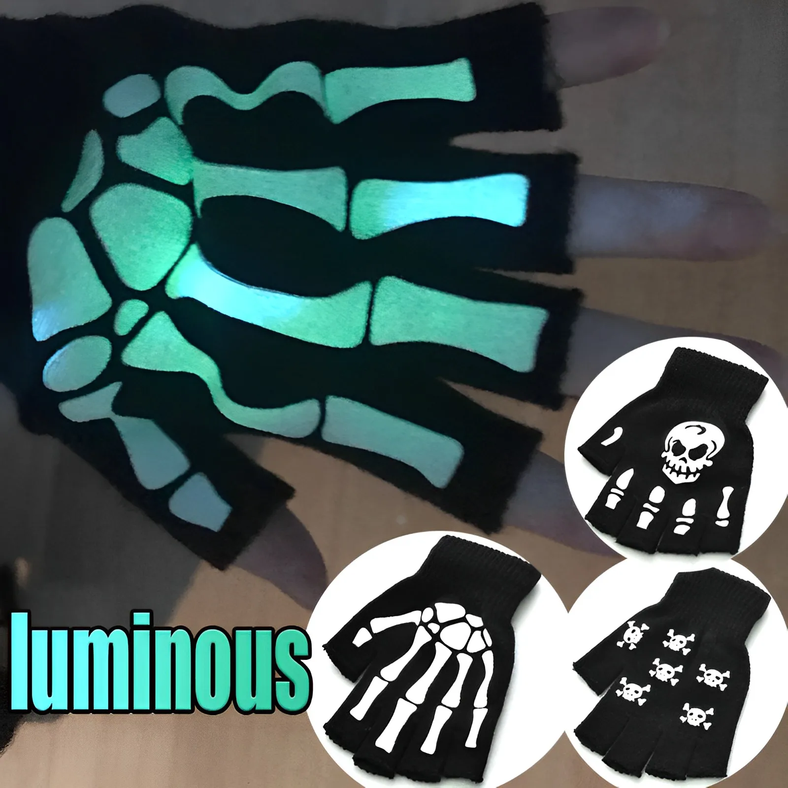 

New Punk Gloves Unisex Halloween Skeleton Skull Half Finger Gloves Glow In The Dark Fingerless Stretch Knitted Winter Mittens