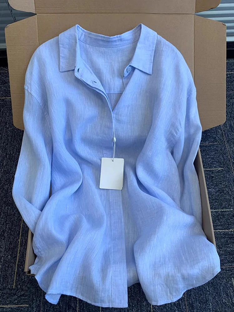 

Синий хлопковый льняной повседневный женский винтажный свободный утягивающий длинный хлопковый льняной топ с защитой от солнца ранней осени