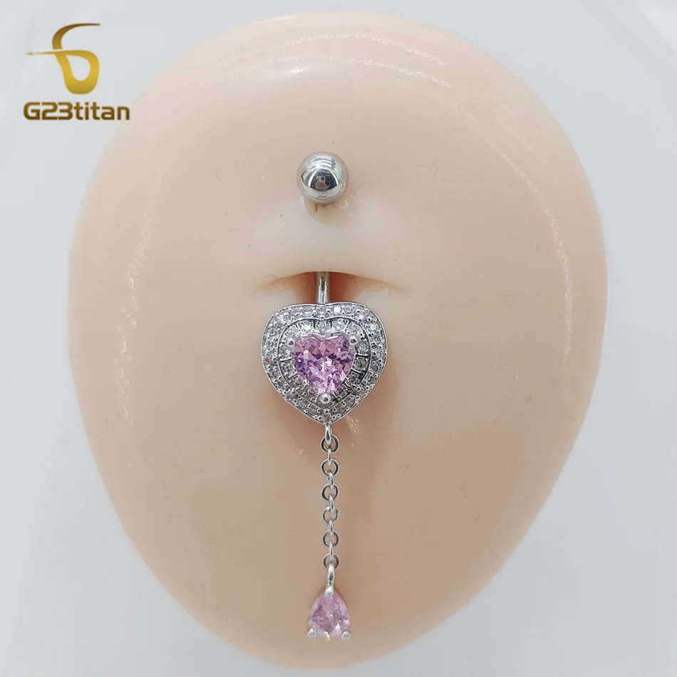 G23Titan Pink Zircon Crystal Heart Navel Piercing Women Jewelry Hanging Long Chain Dangle Belly Button Ring 14G Titanium Barbell
