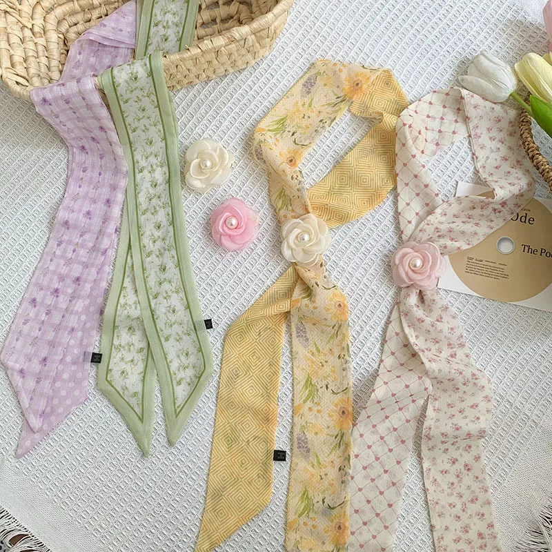 

Long, detachable scarf with rose accents; versatile, stylish headband for spring and summer; decorative belt